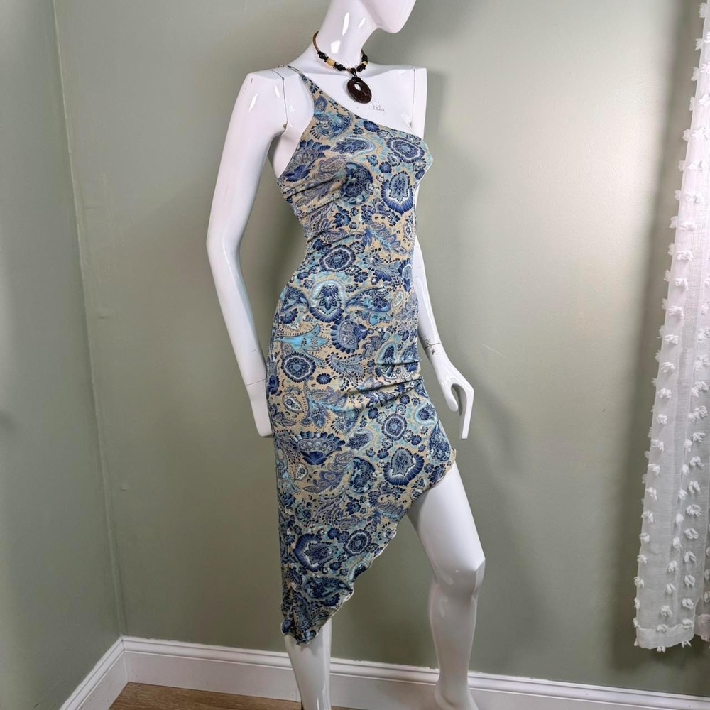 Vintage Y2K‎ Asymmetrical Fairy Slip Tight One Shoulder Dress Blue Paisley Small